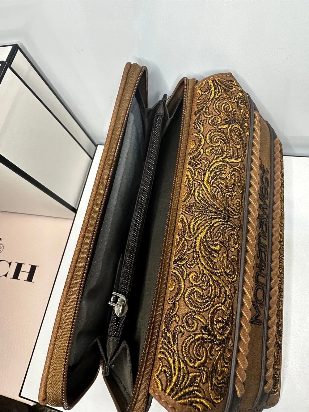 Montana West Brown and Dark Brown Embroidered Suede Card Holder